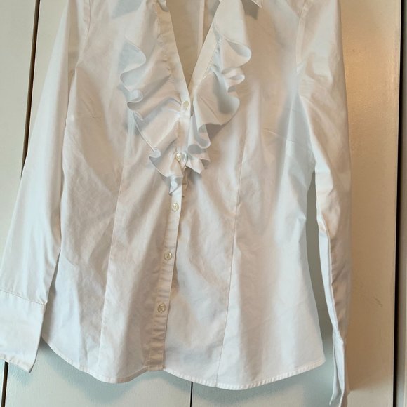 Loft White Button Down Front Ruffle Blouse - Size 10 - Picture 2 of 5